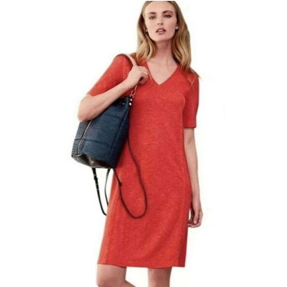 Eileen Fisher Orange Hemp Organic Cotton Blend Short Sleeve V-Neck Dress - Picture 5 of 5